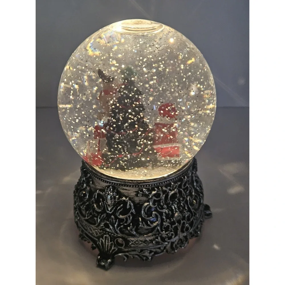 Lighted Christmas Tree Snow Globe Swirling Glitter Plastic Dome Black Filigree